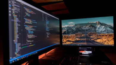two black flat screen computer monitors