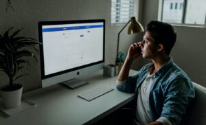 man in blue denim jacket facing turned on monitor
