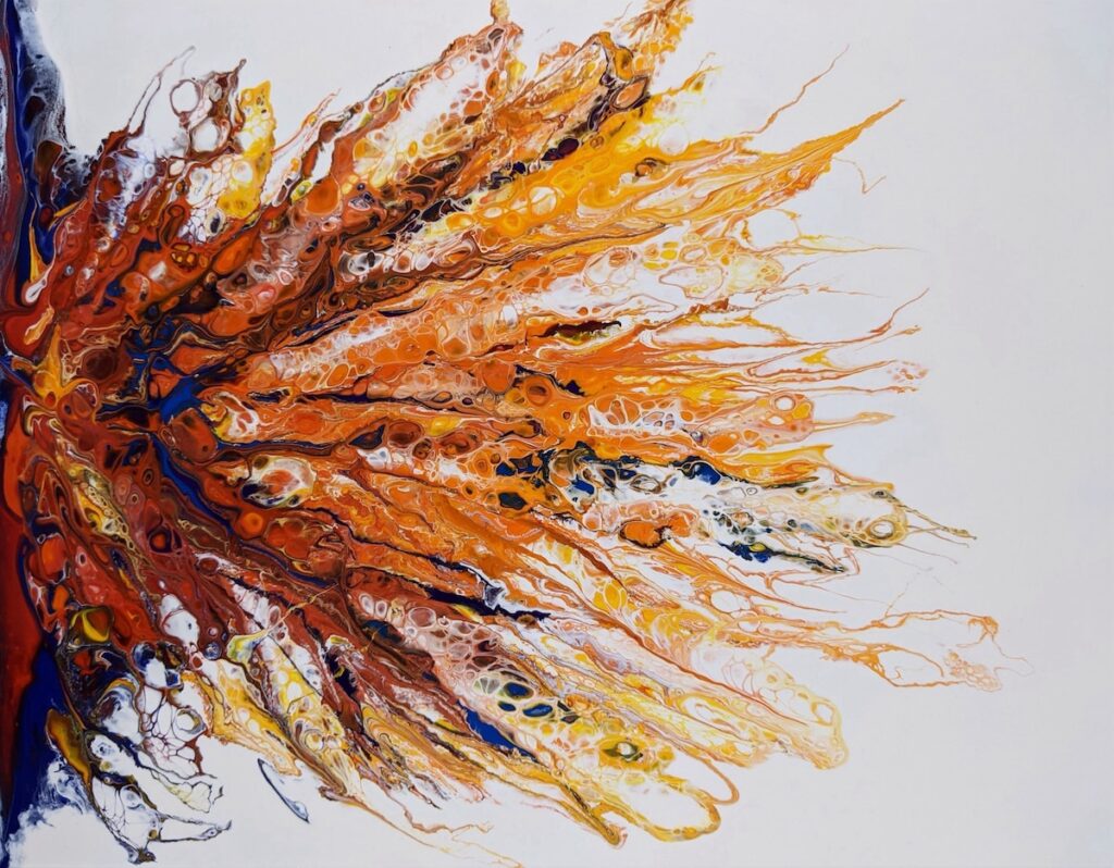 a painting of orange and blue leaves on a white background