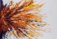 a painting of orange and blue leaves on a white background