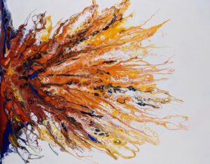 a painting of orange and blue leaves on a white background