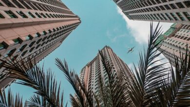 worm's view of commercial buildings and airplane