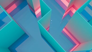 A computer generated image of a blue and pink structure