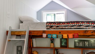 a loft bed with a ladder and bookshelf