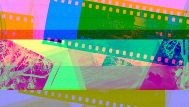 a multicolored film strip with a picture of a mountain in the background