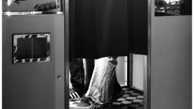 Person's legs inside a photo booth